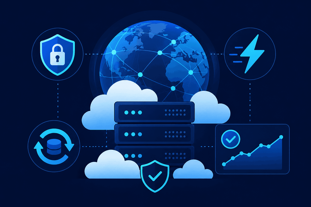 Илустрација за hosting — cloud, SSL, backups и uptime
